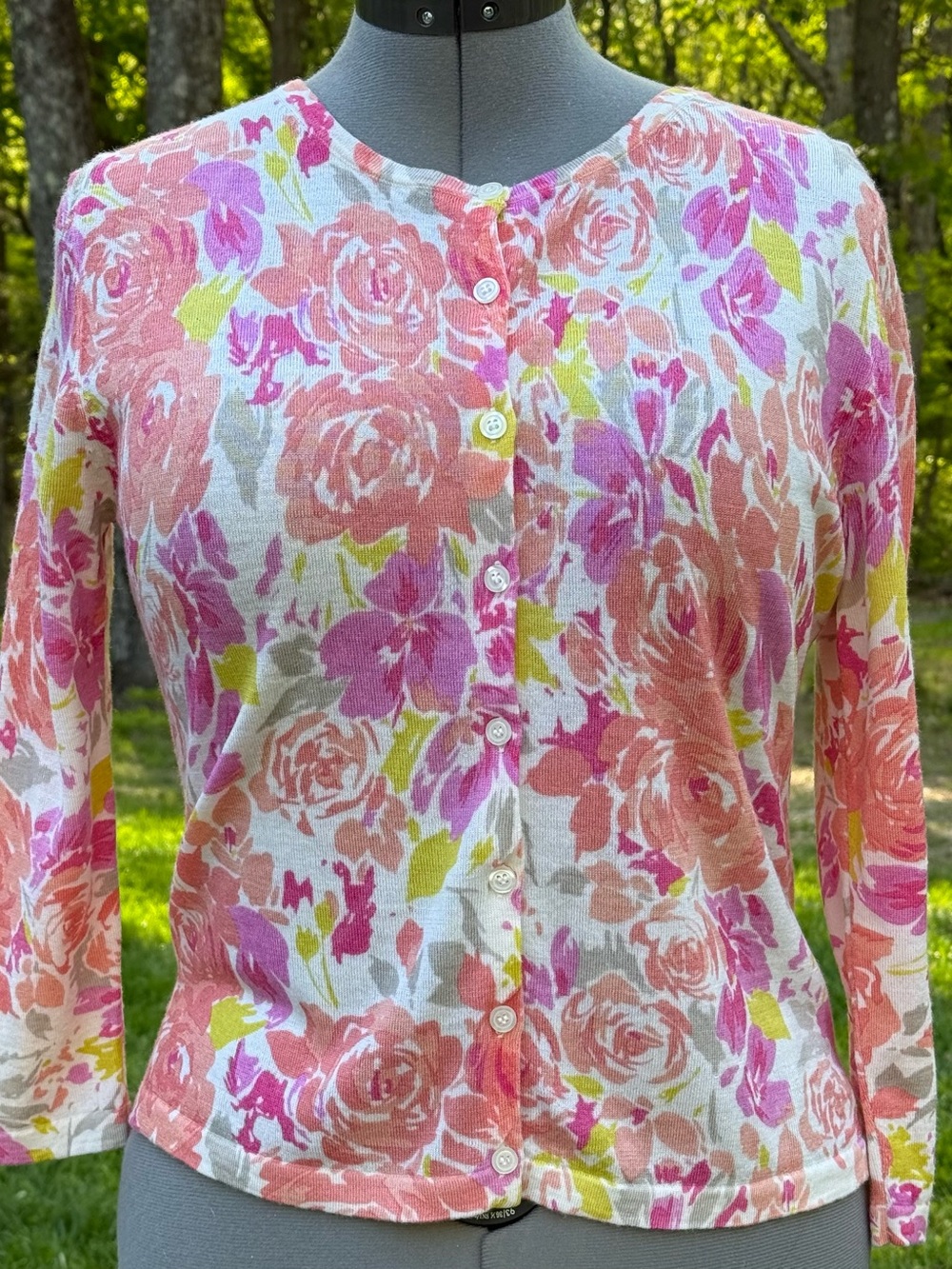 Garnet Hill Floral 100% Merino Wool Button-Front Cardigan